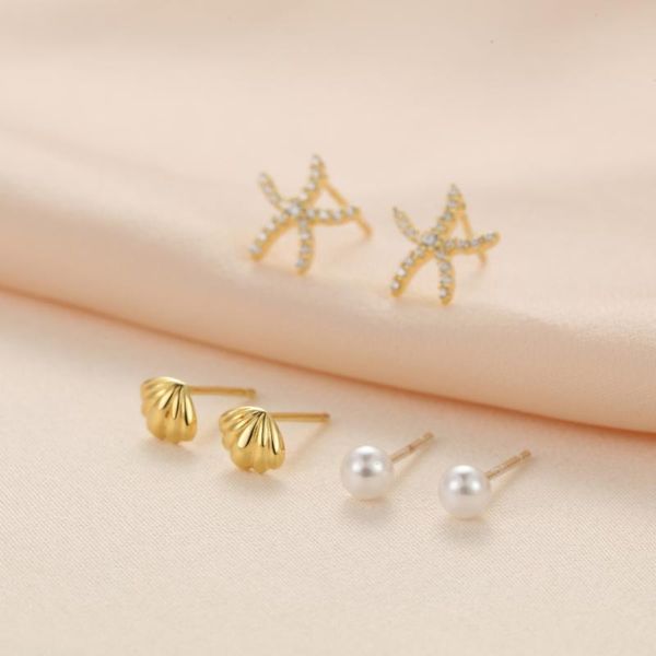

s925 stud earrings ms. wild simple starfish shell pearl stud earrings jewelry, Golden;silver