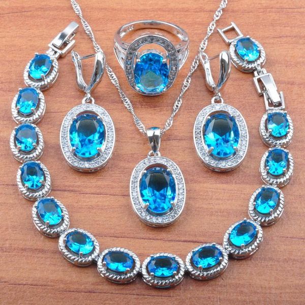 

amazing sky blue crysta lsilver color bridal jewelry sets party costume earrings necklace pendant ring bracelets js094, Silver