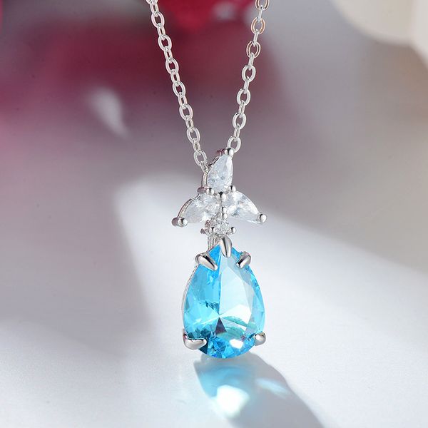 

pendant necklaces selling blue cubic zircon crystal water drop necklace plated jewelry for women wedding acessories, Silver