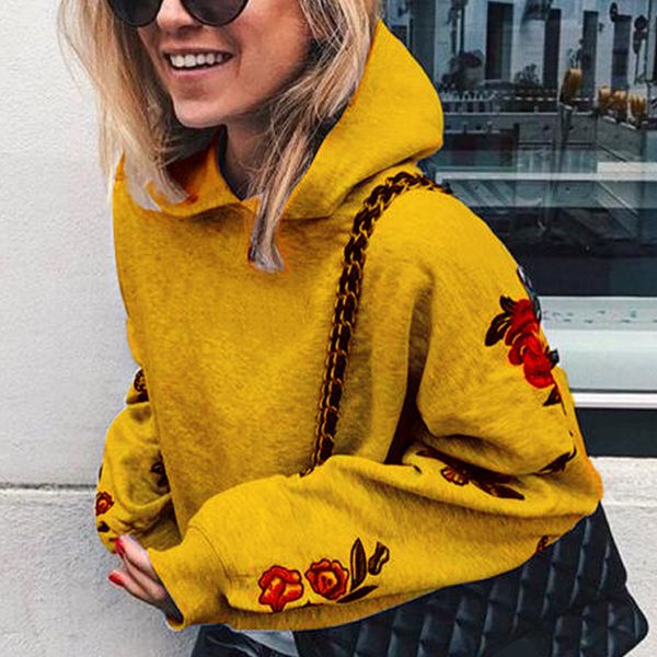 

women rose embroidery hoodies spring autumn warm sport hoodie sweatshirts womens long sleeve print flower hooded sweatshirt, Black