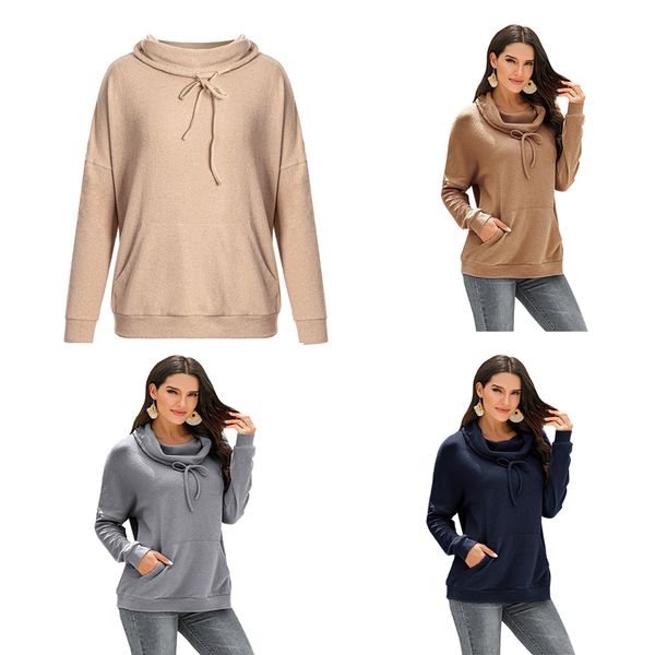 

women draped turtleneck sweatshirts long sleeve casual loose solid color pullover spring fall top, Black