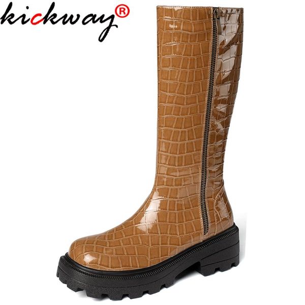 

kickway brand fashion round toe snake print microfiber knee high boots high heels shoes woman ladies winter snow boots 43, Black