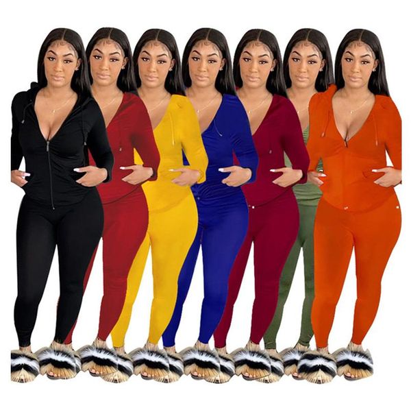 

fall women 2 pieces outfits solid long sleeve zipper pullover bodycon legging pants set tracksuits, Gray