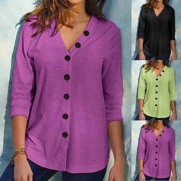 

women casual shirt solid color long sleeve v neck single-breasted blouse top, White