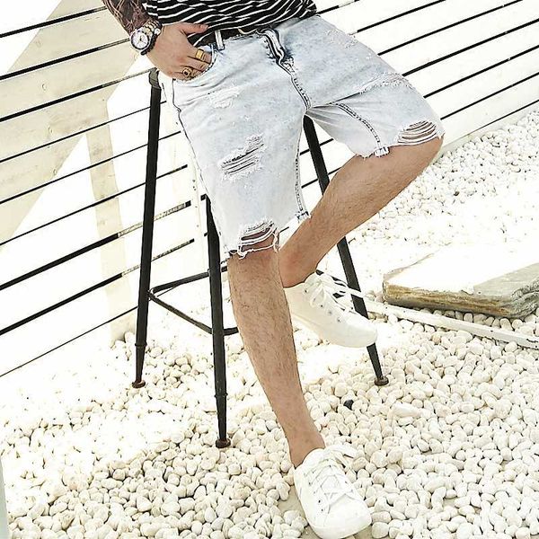 

men's shorts light blue male jeans summer retro washed denim short pants casual k747, White;black