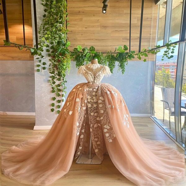 

champagne evening dresses luxury feather appliqued high neck sheer formal dress detachable train custom made dress, Black;red