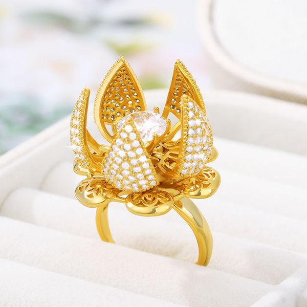 

cluster rings crystal for women adjustable finger wedding flower stainless steel ring gold zircon open glamour luxury jewelry gift, Golden;silver
