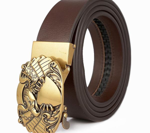 

new fashion cow leather men belts gold eagle automatic buckle ratchet male belt genuine leather dress waist strap for men, Black;brown