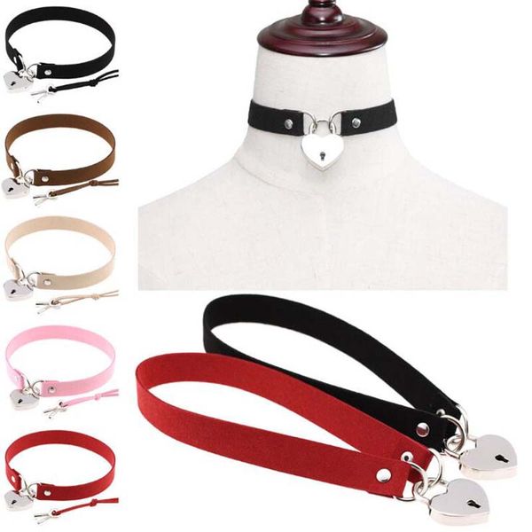 

2020 new punk bound leather heart&lock pendant necklaces goth fashion collar chokers necklace for women men jewelry bijoux, Golden;silver