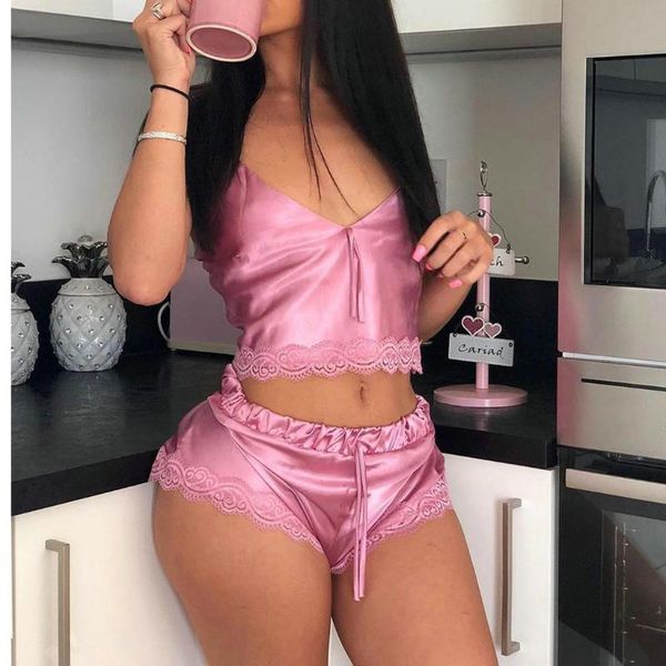 

women's sleepwear women fashion soft pajamas set summer casual solid sleeveless camisole lace splicing suit homewear female pyjamas, Black;red