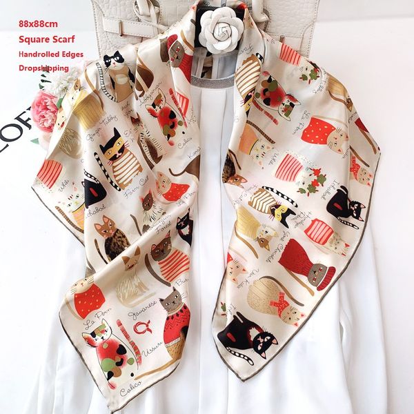 

2020 new fashion silk square scarf women cat printed satin neck hair tie band beach hijab head offical lady foulard, Blue;gray