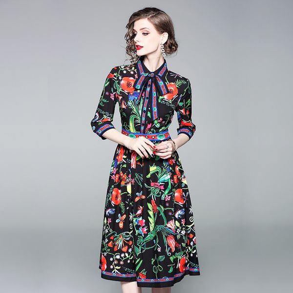 

retro dresses new slim women originally created butterfly tie seven-sleeve printed high-waist medium-length skirt ing, Black;gray