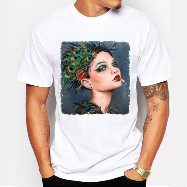 

2019 new make up women with peacock feather hair design t shirt hipster men's printed short sleeve tees
