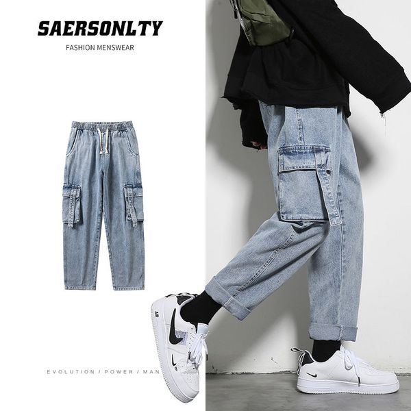 

drawstring jeans men's fashion retro casual straight jeans men streetwear loose hip-hop multi-pocket tooling denim trousers mens, Blue