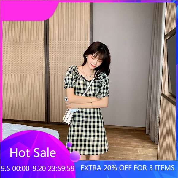 

mishow 2020 summer plaid v-neck puff sleeve vintage dresses elegant women mini dress female vestidos mujer new mx20b1292, Black;gray