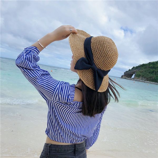 

new paper straw hat female summer sun hat big bow foldable beach sunscreen handmade, Blue;gray