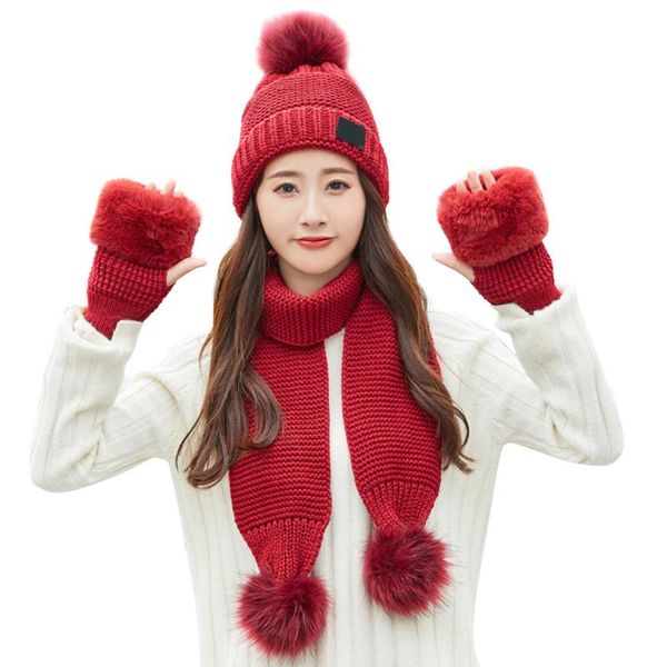 

cute women knitted hat gloves scarf set winter warming beanie hat comfortable warm half finger glove -b5, Blue;gray