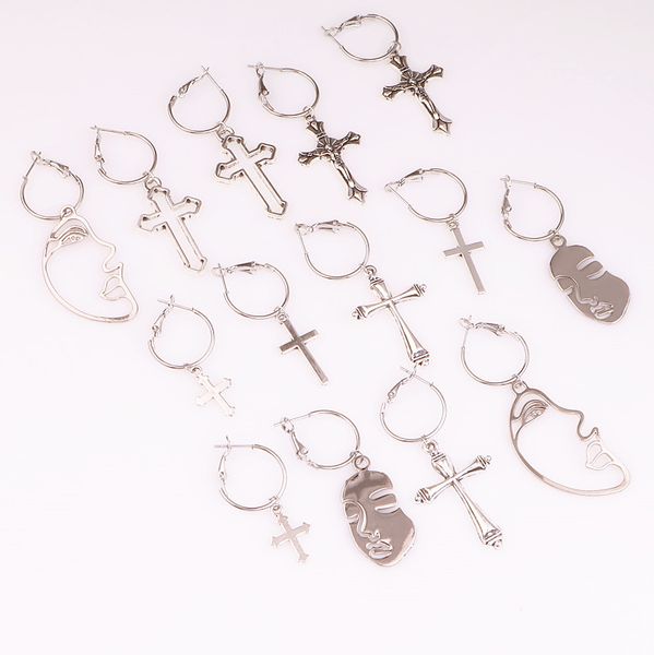 

1pair punk style abstract face round earrings religious cross pendant drop dangle earring for women ear pendientes jewelry, Golden;silver