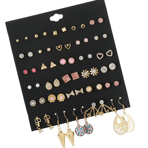 

stud 30 pairs/set fashion gold metal alloy earrings for women geometric square hexagon set pink rhinestone earring gift, Golden;silver