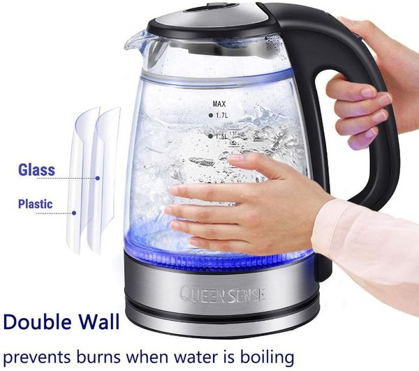

electric water kettle glass double wall cordless with blue led light, 1.7l kettle, fast water boiler, automatic shutof