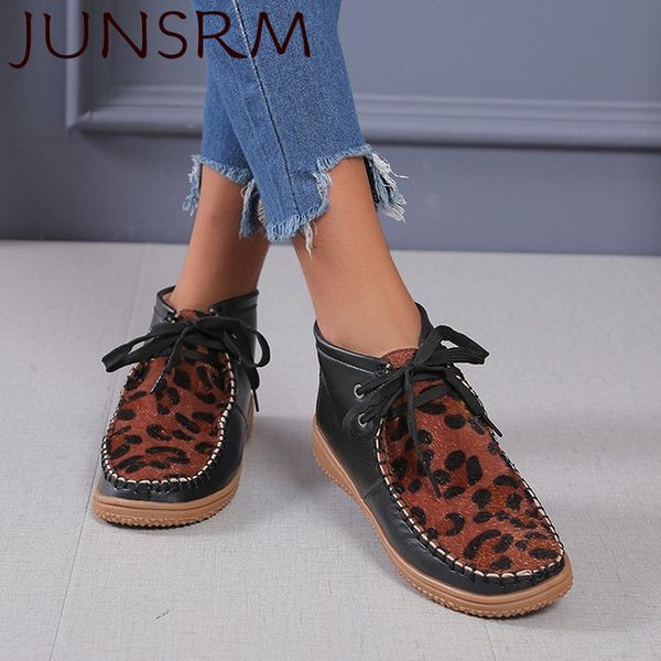 

junsrm leopard ankle boots for women shoes vintage lace up round toe boots women ladies winter ankle boot new, Black