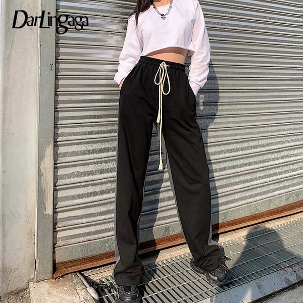 

darlingaga streetwear loose patchwork woman pants sweatpants drawstring casual trousers baggy contrast color high waisted pants, Black;white