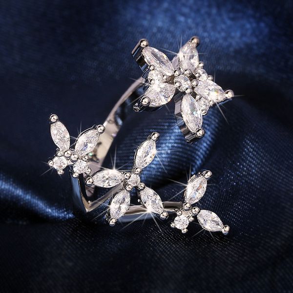 

cluster rings luxury shine white crystal cubic zirconia cute style 925 sterling silver flower ring shaped for women fine jewelry, Golden;silver