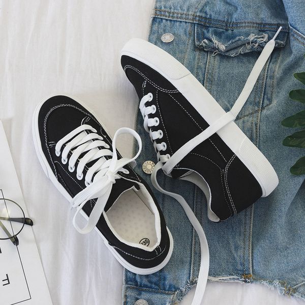 

ladies casual comfortable shoes solid color leather sports women's shoes low-cut canvas sports women's running, Black