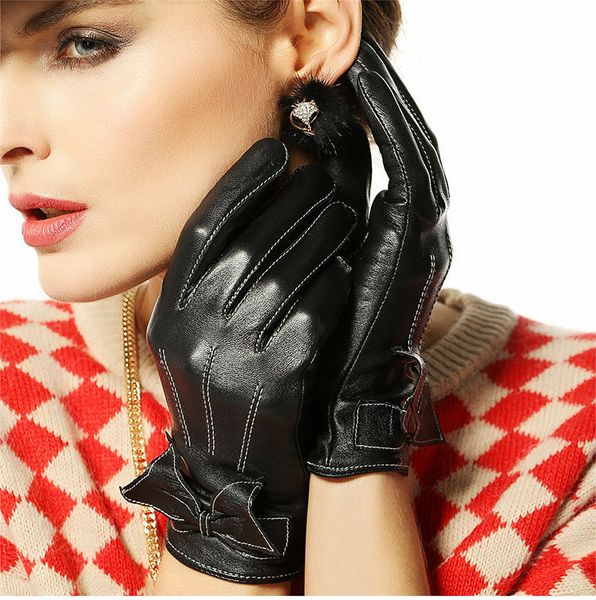 

suede leather glove with bow glove fashion black\brown\red 1 pair/lot, Blue;gray