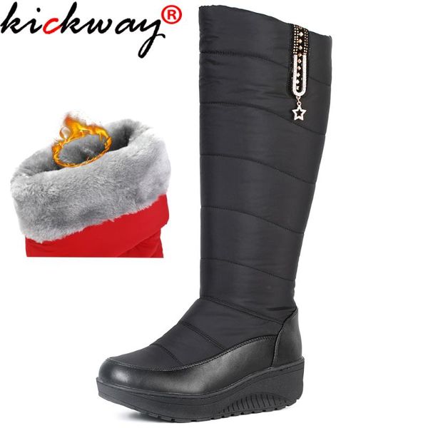 

kickway women mid calf snow boots round toe flat thick plush warm winter boots women large size 44 black red botas booties woman