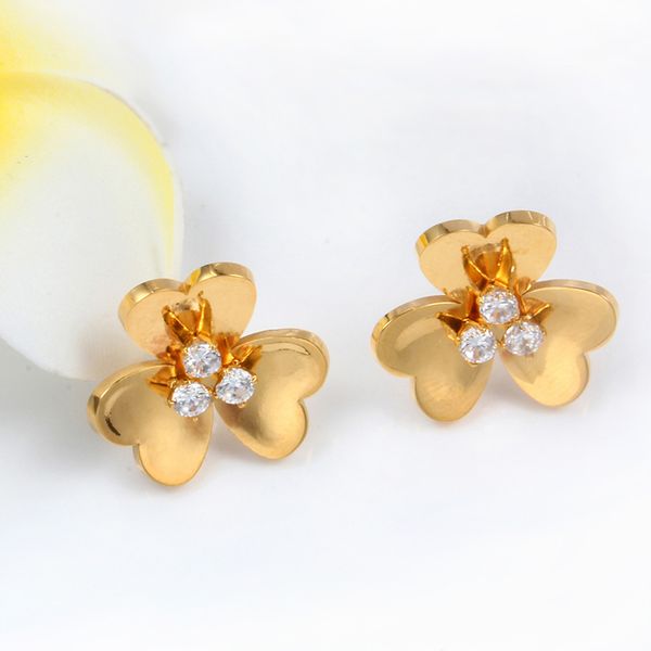 

stud lucky shamrock earrings gold stainless steel three leaf flower zircon clover jewelry women love gift high quality, Golden;silver