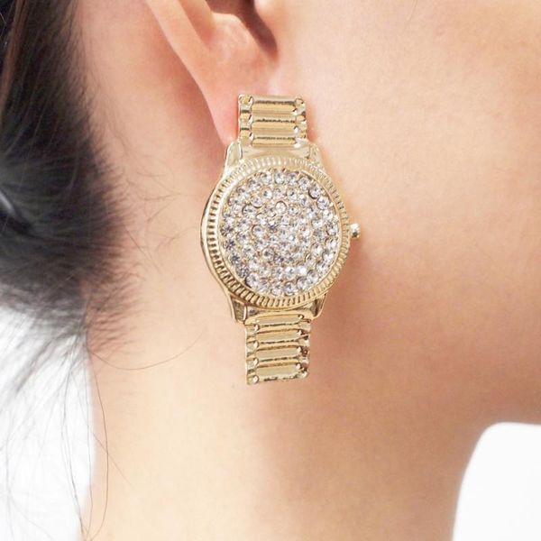 

stud luxury crystal watch earrings for women unique design punk rhinstone statement jewelry gift uken, Golden;silver