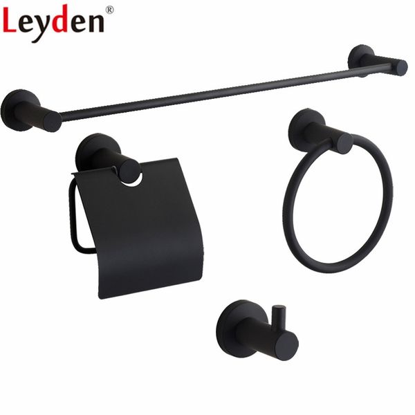 

leyden 4pcs bathroom accessories set black single towel bar towel ring holder toilet paper holder robe hook wall mounted t200425