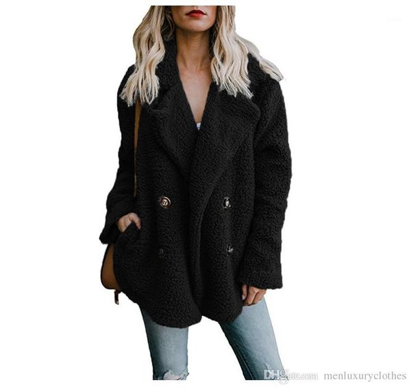 

color jacket buttons turn down collar pocket designer winter coats women plush solid, Black;brown