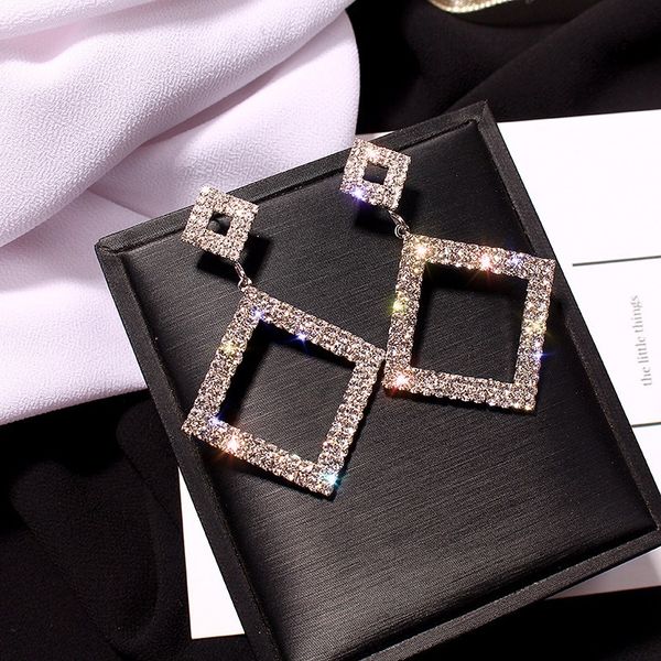 

gold color square rhinestone silver drop earrings earring crystal for women luxury party new shining dangle wedding jewelry