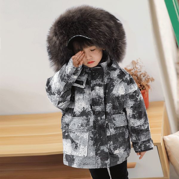 

dollplus 2020 camouflage real fur boys winter coats fur hooded girls jackets thick warm kids parkas windproof children snowsuits, Blue;gray