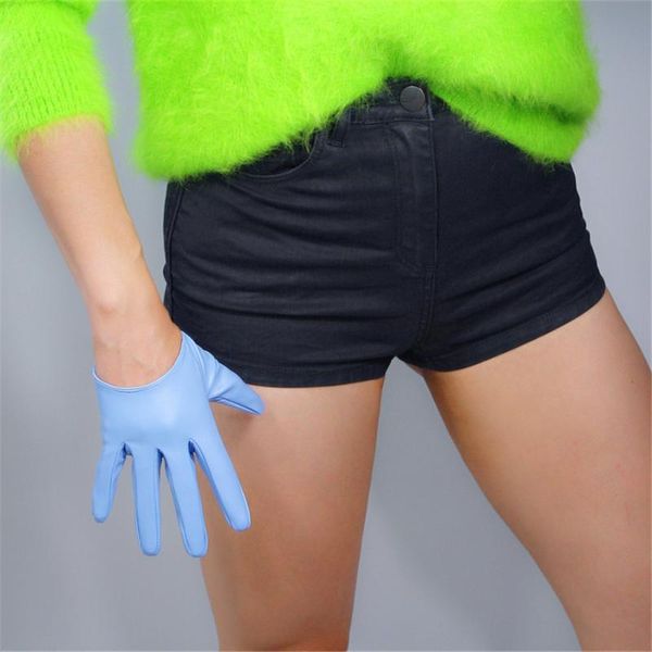 

ultra-short leather gloves 13cm artificial leather imitation sheepskin sapphire blue light blue sky puql-13, Blue;gray