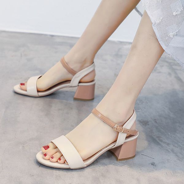 

new 2020 women sandals high fashion buckle strap soft synthetic leather thick heel shoes casual casual high heels plus size34-41, Black