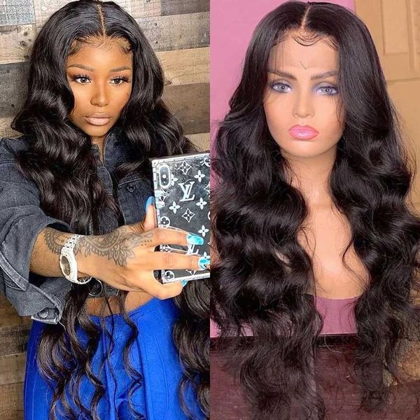 

28 inch body wave lace front wig 180% brazilian lace front human hair wigs remy t part hd transparent frontal body wave wig, Black;brown