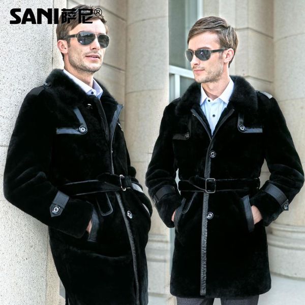 

smart casual real sheepskin fur shearling overcoat for man turn down collar collar long slim male genuine leather coat, Black