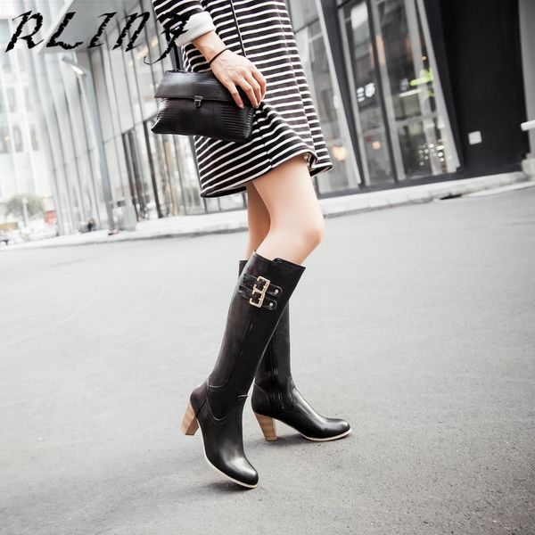 

boots rlinf thick high heel women with buckle long ladies knee winter soft zip thigh 34-48, Black