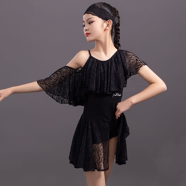 

stage wear latin dance dress girls one-shoulder lace performance clothing kids tango salsa rumba cha samba dancing dn6391, Black;red