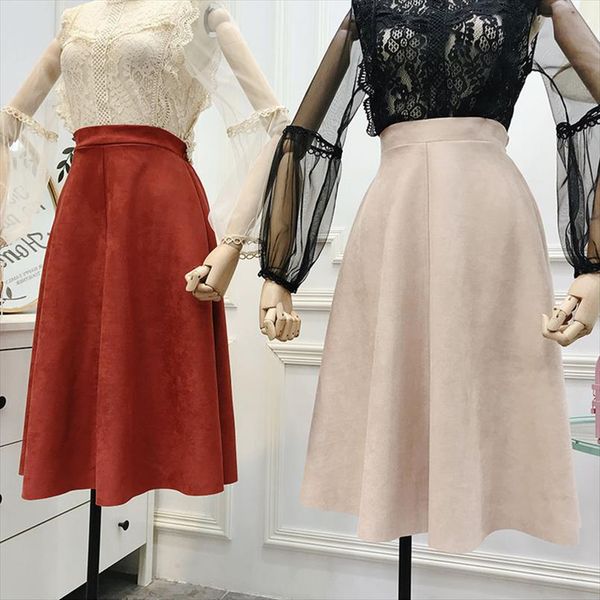 

soft faux suede high waist midi skirt flare hem elastic band at back vintage elegant womens skirts autumn winter outfits, Black