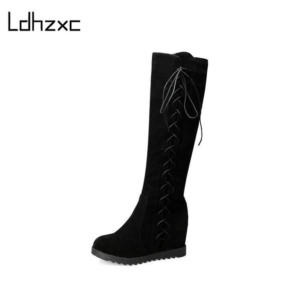 

ldhzxc classic women knee high boots wedges high heels long warm snow boots quality long shoes woman, Black