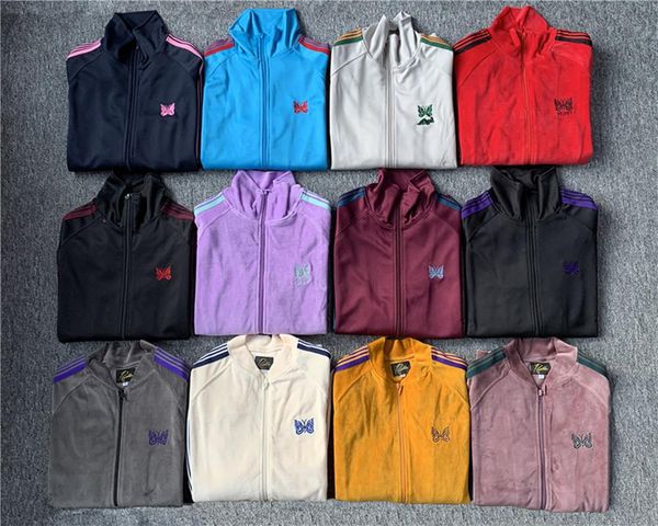 

butterfly embroidery needles awge jackets men women streetwear awge jacket red stripes needles coats, Black;brown
