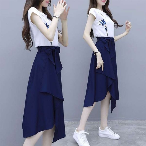 

2020 summer new fashion casual skirt goddess suit printed short-sleeved women's t-shirt t-shirt two-piece women's clothing n7tpf, Gray