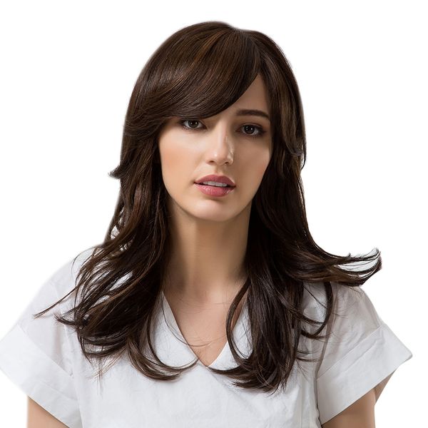 

pretty girl синтетический длинные вьющиеся парики термическая безопасный волнистые правая сторона парик w / челка, Black