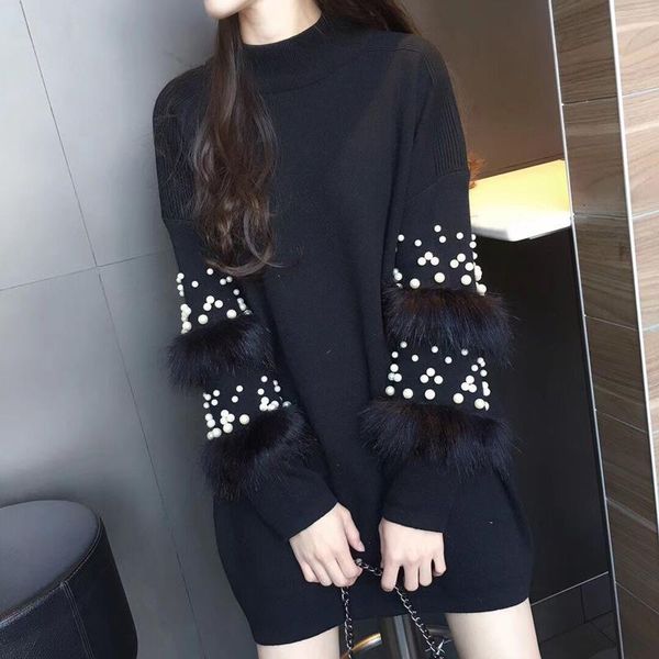 

spring autumn winter women knitted pullovers sweater female long sleeve wool stitching faux rabbits fur beaded sweater dress, White;black