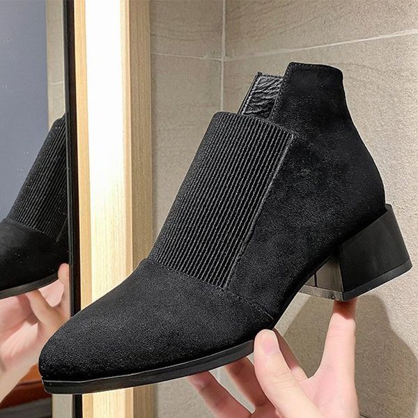 

women slip on ankle boots ladies suede stretch fabric fashion square heels shoes female casual boots woman winter footwear 2020, Black