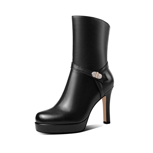 

new black women genuine leather ankle boots round toe thin high heels boots punk riding warm winter shoes woman
